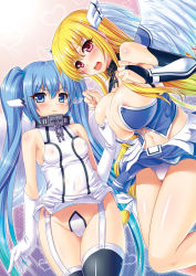 Rule 34 | 2girls, angry, areola slip, astraea (sora no otoshimono), bare legs, bare shoulders, black legwear, blonde hair, blue eyes, blush, breast envy, grabbing another&#039;s breast, breasts, bridal gauntlets, cameltoe, cleavage, cleft of venus, covered erect nipples, flat chest, gloves, grabbing, heart, huge breasts, kawase seiki, long hair, looking at viewer, maebari, multiple girls, navel, no bra, no panties, nymph (sora no otoshimono), open mouth, panties, red eyes, small breasts, sora no otoshimono, strapless bottom, thighhighs, twintails, underwear, very long hair, wings