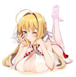Rule 34 | 1girl, ahoge, ass, bare shoulders, barefoot, bikini, blonde hair, blush, breast press, breasts, butt crack, cleavage, criss-cross halter, dress, fate/grand order, fate (series), feet, gown, green eyes, hair between eyes, hair intakes, hair ribbon, halterneck, kei (soundcross), large breasts, legs up, long hair, looking at viewer, lying, nero claudius (fate), nero claudius (fate) (all), nero claudius (swimsuit caster) (fate), nero claudius (swimsuit caster) (third ascension) (fate), on stomach, one eye closed, ribbon, simple background, solo, striped bikini, striped clothes, swimsuit, the pose, white background, white ribbon
