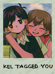 Rule 34 | 2boys, antenna hair, arms at sides, bare arms, black eyes, black hair, black sweater vest, blue sky, blush, brown hair, chromatic aberration, closed eyes, closed mouth, cloud, collarbone, collared shirt, day, elbow on another&#039;s shoulder, english text, film grain, front-to-back, grass, hair between eyes, highres, kel (faraway) (omori), kel (omori), menma (enaic31), multiple boys, omori, open mouth, orange tank top, outdoors, redrawn, retro artstyle, shirt, short hair, short sleeves, sky, smile, sunny (omori), sweater vest, tank top, teeth, upper body, upper teeth only, white shirt, white trim