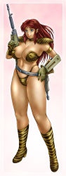 Rule 34 | 1980s (style), 1girl, absurdres, animal print, armband, belt, bikini, blue eyes, boots, breasts, choker, cleavage, cone horns, gun, highres, horns, large breasts, long hair, long image, lum, oldschool, oni, pointy ears, red hair, retro artstyle, solo, swimsuit, tall image, tiger print, urusei yatsura, weapon