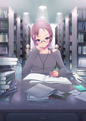Rule 34 | 1girl, book, bookshelf, bottle, bra strap, breasts, english text, eraser, forehead, glasses, greek text, jewelry, kasai shin, key, large breasts, library, necklace, notebook, original, pen, ponytail, purple eyes, purple hair, ranguage, smile, solo, sweater, typo, water bottle