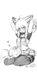 Rule 34 | 1boy, 1girl, absurdres, animal ears, arknights, arms behind head, arms up, full body, greyscale, heart, highres, kkaebing, monochrome, pantyhose, short shorts, short sleeves, shorts, simple background, sitting, sussurro (arknights), tying hair, white background
