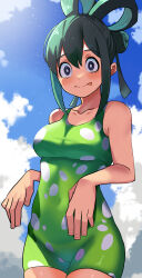 Rule 34 | 1girl, absurdres, asui tsuyu, black eyes, blue sky, boku no hero academia, breasts, bright pupils, cloud, dark green hair, day, frog girl, green one-piece swimsuit, hair rings, hair tie, highres, long hair, looking at viewer, medium breasts, one-piece swimsuit, outdoors, polka dot, polka dot swimsuit, sky, solo, swimsuit, tongue, tongue out, white pupils, zd (pixiv6210083)
