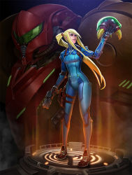 Rule 34 | 1girl, adapted costume, armor, blonde hair, bodysuit, boots, creature, full body, gloves, green eyes, gun, hair tie, handgun, helmet, holding, holding gun, holding weapon, holster, light rays, lips, lipstick, long hair, looking at another, makeup, md5 mismatch, metroid, metroid (creature), nintendo, parted lips, ponytail, power armor, power suit, rayph beisner, samus aran, sidelocks, solo focus, standing, thigh holster, varia suit, very long hair, weapon, zero suit
