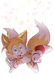 Rule 34 | 1boy, :d, blue eyes, blush, fang, floating, fox boy, fox tail, furry, furry male, gloves, happy, looking at viewer, male focus, misuta710, multiple tails, open mouth, simple background, smile, solo, sonic (series), star (symbol), tail, tails (sonic), two tails, white background, white gloves
