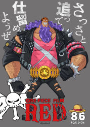 Rule 34 | 1boy, alternate universe, beard, bracelet, clenched teeth, coat, dated, evil smile, facial hair, grin, hat, highres, jesus burgess, jewelry, jolly roger, long hair, looking to the side, muscular, oda eiichirou (style), one piece, one piece film: red, parody, pectorals, pirate, purple hair, shiny clothes, shirt, simple background, smile, solo, spiked bracelet, spikes, stomach, style parody, teeth, translation request, twitter username, ugly man, weapon, wrestling, wrestling mask, youkan (tako)