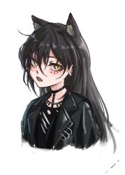 Rule 34 | 1girl, animal ears, arknights, black choker, black hair, black jacket, black shirt, choker, cropped torso, dagda (arknights), fang, hair between eyes, highres, jacket, leather, leather jacket, long hair, looking at viewer, open clothes, open jacket, parted lips, petra (jgc845601), shirt, simple background, slit pupils, solo, upper body, yellow eyes
