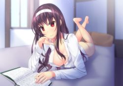 Rule 34 | 1girl, ass, barefoot, bed, blush, book, bottomless, breasts, cleavage, foreshortening, hairband, hand on own chin, kasumigaoka utaha, large breasts, long hair, lying, naked shirt, on bed, on stomach, open book, purple hair, reading, red eyes, saenai heroine no sodatekata, shirt, smile, solo, takumi1006