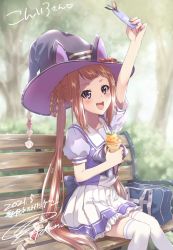 Rule 34 | 1girl, arm up, bag, bench, blush, brown hair, commentary request, commission, dated, kuroi mimei, open mouth, parfait, school uniform, signature, sitting, skeb commission, solo, sweep tosho (umamusume), thighhighs, tracen school uniform, twintails, umamusume, white thighhighs