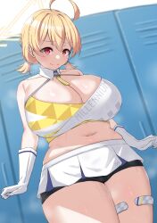Rule 34 | 1girl, absurdres, ahoge, bare shoulders, bike shorts, blonde hair, blue archive, blush, breasts, cameltoe, cheerleader, cleavage, cleft of venus, curvy, gloves, halo, highres, huge breasts, indoors, kotori (blue archive), kotori (cheer squad) (blue archive), locker, locker room, looking at viewer, midriff, millennium cheerleader outfit (blue archive), miniskirt, muffin top, navel, noe (ppppriver), official alternate costume, plump, red eyes, short twintails, skindentation, skirt, solo, standing, steam, steaming body, stomach, sweat, thick thighs, thigh strap, thighs, twintails