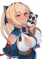 Rule 34 | 1girl, animal costume, animal ears, bare shoulders, blonde hair, blush, bow, breasts, chinese clothes, cleavage, closed mouth, clothing cutout, creature, dark-skinned female, dark skin, elf, hair bow, hair ornament, holding, hololive, izumi sai, kintsuba (shiranui flare), long hair, medium breasts, one eye closed, orange eyes, panda costume, panda ears, pointy ears, ponytail, shiranui flare, shiranui flare (old design), shoulder cutout, smile, upper body, virtual youtuber, white background