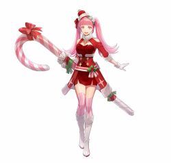 Rule 34 | 1girl, alternate costume, boots, breasts, candy, candy cane, cleavage, female focus, fire emblem, fire emblem: three houses, fire emblem heroes, food, full body, fur trim, gloves, hat, hilda valentine goneril, knee boots, long hair, looking at viewer, matching hair/eyes, nintendo, open mouth, pink eyes, pink hair, pink thighhighs, ribbon, sagajima (torikng), santa costume, santa hat, simple background, smile, solo, standing, striped clothes, striped thighhighs, thighhighs, thighs, twintails, white background, white footwear, white gloves, zettai ryouiki