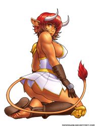 Rule 34 | 1girl, absurdres, animal ears, armor, ass, borrowed character, breasts, brown gloves, commentary, cow ears, cow girl, cow horns, cow tail, dark skin, from behind, gloves, greaves, highres, horns, knee pads, kneeling, large breasts, lips, looking back, miniskirt, nail polish, nose, orange eyes, original, panties, pantyshot, red hair, ronindude, sandals, short hair, sideboob, skirt, solo, strap gap, tail, toenail polish, toenails, toes, toned, underwear, white background