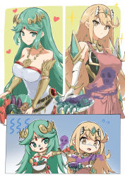 Rule 34 | 2girls, absurdres, ancient greek clothes, aotsuba, blonde hair, breasts, chest jewel, chibi, chiton, crossover, dress, green hair, highres, jewelry, kid icarus, large breasts, long hair, multiple girls, mythra (massive melee) (xenoblade), mythra (xenoblade), nintendo, palutena, pendant, swept bangs, very long hair, white dress, xenoblade chronicles (series), xenoblade chronicles 2, yellow eyes