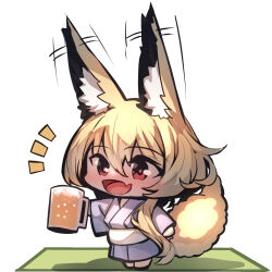 Rule 34 | 1girl, :d, afterimage, alcohol, animal ear fluff, animal ears, beer, beer mug, blonde hair, blue kimono, blush, commentary request, cup, ear wiggle, fang, fox ears, fox girl, fox tail, full body, hair between eyes, highres, holding, holding cup, japanese clothes, kimono, long hair, long sleeves, mug, notice lines, obi, open mouth, original, red eyes, sash, simple background, smile, solo, standing, tail, very long hair, white background, yuuji (yukimimi)