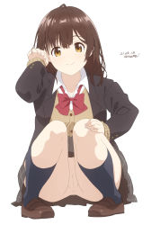 Rule 34 | 1girl, adjusting hair, anus, artist name, baba arumi, blazer, bow, bowtie, brown eyes, brown hair, cardigan, cleft of venus, dated, female focus, full body, hand on own knee, hige wo soru. soshite joshikousei wo hirou., highres, jacket, loafers, long hair, long sleeves, looking at viewer, no panties, ogiwara sayu, open clothes, open jacket, plaid, plaid skirt, pussy, school uniform, shirt, shoes, simple background, skirt, smile, socks, solo, squatting, uncensored, white background