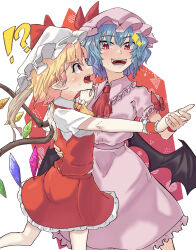 Rule 34 | !?, 2girls, annoyed, ascot, bat wings, blonde hair, blue hair, bright pupils, crystal wings, dress, fangs, flandre scarlet, hand on another&#039;s hip, happy, hat, highres, holding hands, mob cap, multiple girls, open mouth, pink dress, pink headwear, pointy ears, profile, red ascot, red eyes, red skirt, red vest, remilia scarlet, short hair, siblings, sisters, skirt, skirt set, touhou, vest, white headwear, white pupils, wings, wrist cuffs, yellow ascot, yet you