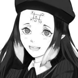 Rule 34 | 1girl, absurdres, beret, body writing, collared shirt, commentary, english commentary, english text, forehead, greyscale, hair behind ear, hat, highres, hololive, hololive english, jitome, long hair, mole, mole under eye, monochrome, ninomae ina&#039;nis, ninomae ina&#039;nis (casual), official alternate costume, open mouth, shirt, solo, teeth, tentacle hair, text in eyes, tic-tac-toe, upper body, upper teeth only, virtual youtuber, white background, xyanaid