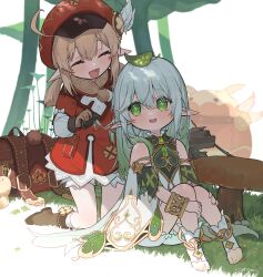 Rule 34 | 2girls, ahoge, backpack, bag, blonde hair, boots, bracelet, brown footwear, brown gloves, brushing another&#039;s hair, brushing hair, child, closed eyes, comb, dress, feathers, feet, genshin impact, gloves, gradient hair, green eyes, green hair, hat, hat feather, highres, jewelry, klee (genshin impact), kneeling, knees up, leaf, leaf on head, long hair, low twintails, multicolored hair, multiple girls, mushroom, nahida (genshin impact), open mouth, outdoors, pointy ears, red dress, red headwear, short dress, short shorts, shorts, shorts under dress, sitting, sleeveless, sleeveless dress, smile, socks, toeless footwear, toes, tsukino (nakajimaseiki), twintails, two-tone hair, unworn backpack, unworn bag, white dress, white hair, white shorts, white socks