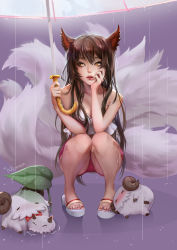 Rule 34 | 1girl, ahri (league of legends), animal ears, artist name, bare arms, bare shoulders, breasts, brown hair, cleavage, commentary request, fox ears, fox girl, fox tail, gradient background, highres, holding, holding leaf, holding umbrella, leaf, league of legends, long hair, medium breasts, orange eyes, parted lips, poro (league of legends), rain, sideways glance, solo, tail, teeth, translation request, umbrella, xiuluoyi00