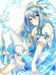 Rule 34 | 1girl, aone hiiro, azura (fire emblem), barefoot, blue hair, blush, dress, elbow gloves, feet, fire emblem, fire emblem fates, fire emblem heroes, gloves, hair between eyes, hairband, jewelry, long hair, looking at viewer, nintendo, simple background, smile, solo, toes, veil, very long hair, water, yellow eyes, aged down
