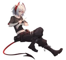 Rule 34 | 1girl, antennae, arknights, bandages, belt, black belt, black footwear, black pants, black shirt, boots, collarbone, commentary, crop top, erhuo, full body, horns, midriff, mouth hold, nail polish, navel, official alternate costume, pants, pouch, red eyes, red nails, shirt, short hair, short sleeves, silver hair, simple background, solo, tail, w (arknights), w (fugue) (arknights), white background, wrist wrap