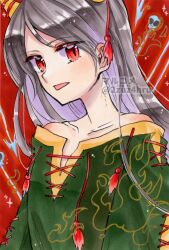 Rule 34 | 1girl, 2zuz4hru, black hair, breasts, collarbone, commentary request, cone horns, cross-laced clothes, cross-laced top, green shirt, highres, horns, long hair, marker (medium), nippaku zanmu, off-shoulder shirt, off shoulder, parted lips, patterned clothing, red background, red eyes, red ribbon, ribbon, shirt, short sleeves, small breasts, solo, tassel, touhou, traditional media, unfinished dream of all living ghost, yellow horns