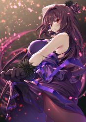 Rule 34 | 1girl, alternate costume, breasts, commentary, dancing, dress, emanon123, english commentary, fate/grand order, fate (series), fur trim, gloves, hair intakes, highres, jewelry, large breasts, long hair, pantyhose, pendant, purple dress, purple hair, red eyes, scathach (fate), scathach (fate), solo, very long hair