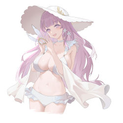 Rule 34 | 1girl, absurdres, ano (madoka23), azur lane, bikini, blunt bangs, breasts, choker, cleavage, clover hair ornament, collarbone, cropped legs, frilled bikini, frills, groin, hair ornament, hat, head tilt, highres, holding, iridescent, large breasts, light blush, light purple hair, loading screen, long hair, looking at viewer, navel, open mouth, plymouth (azur lane), purple eyes, purple hair, simple background, smile, solo, stomach, sun hat, swimsuit, thighs, white background, white bikini, white choker, white hat