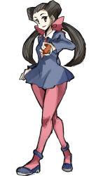 Rule 34 | 1girl, :d, ascot, black hair, blue dress, blue footwear, breasts, brown eyes, collared dress, creatures (company), crossed legs, dress, eyelashes, forehead, full body, game freak, gym leader, hair ribbon, hair rings, holding, holding poke ball, karuishi, long hair, long sleeves, looking at viewer, nintendo, open mouth, pantyhose, pink pantyhose, pink ribbon, poke ball, pokemon, pokemon rse, puffy long sleeves, puffy sleeves, ribbon, roxanne (pokemon), shoes, short dress, simple background, small breasts, smile, solo, thick thighs, thighs, twintails, walking, white background