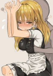Rule 34 | 1boy, 1girl, apron, blonde hair, blush, grabbing another&#039;s breast, breasts, clothed female nude male, faceless, faceless male, frilled apron, frills, grabbing, grabbing from behind, grey background, heavy breathing, hetero, kirisame marisa, long hair, medium breasts, nude, open mouth, short sleeves, simple background, touhou, waist apron, white apron, yellow eyes, zuttokodomo
