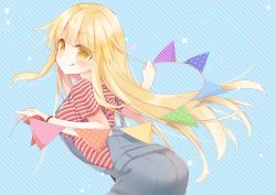 Rule 34 | 1girl, :q, arched back, bang dream!, bent over, blonde hair, blush, bracelet, commentary request, diagonal stripes, eyes visible through hair, holding, jewelry, long hair, looking at viewer, mao (alepricos), overalls, red shirt, shirt, short sleeves, solo, star (symbol), string of flags, striped background, striped clothes, striped shirt, tongue, tongue out, tsurumaki kokoro, very long hair, yellow eyes