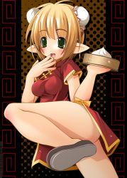 Rule 34 | 1girl, bamboo steamer, baozi, blonde hair, bun cover, china dress, chinese clothes, double bun, dress, dumpling, food, green eyes, hand to own mouth, pointy ears, solo, waitress