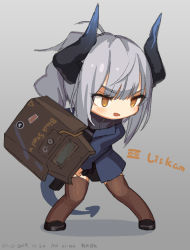 Rule 34 | 1girl, arknights, asicah, ballistic shield, black dress, black footwear, blue jacket, blush, brown eyes, brown thighhighs, character name, chibi, cuffs, curled horns, dated, dazzler (weapon), dress, electroshock weapon, flash shield, flashlight, full body, grey background, grey hair, hair between eyes, high ponytail, holding, horns, jacket, less-than-lethal weapon, light, liskarm (arknights), long hair, looking away, open clothes, open jacket, open mouth, ponytail, riot shield, shackles, shield, shoes, solo, standing, stun shield, tail, thighhighs, v-shaped eyebrows