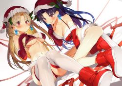 Rule 34 | 2girls, bikini, black hair, black ribbon, blonde hair, blush, boots, breasts, christmas, cleavage, earrings, elbow gloves, embarrassed, ereshkigal (fate), fate/grand order, fate (series), frown, gaou (umaiyo puyoman), gloves, glowing, hair ribbon, hat, ishtar (fate), jewelry, long legs, multiple girls, parted bangs, red bikini, red eyes, red gloves, red hat, ribbon, santa boots, santa bra, santa costume, santa hat, sitting, stomach, swimsuit, thighhighs, thighs, twintails, two side up, v-shaped eyebrows, white legwear