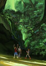 Rule 34 | 1girl, 2boys, arms up, avenoirn, black hair, blue shorts, boots, brown footwear, commentary, english commentary, from behind, green hair, hat, highres, holding, holding map, katana, looking up, map, monkey d. luffy, multiple boys, nami (one piece), one piece, orange hair, outdoors, pirate, plant, red vest, roronoa zoro, sandals, scenery, sheath, sheathed, shirt, short hair, short sleeves, shorts, skirt, sleeveless, sleeveless shirt, standing, straw hat, straw hat pirates, sword, tree, vegetation, vest, weapon, white shirt, yellow skirt