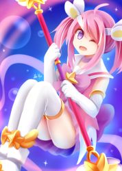Rule 34 | 1girl, ;), ahoge, alternate costume, alternate hair color, alternate hairstyle, bow, bubble background, choker, elbow gloves, gloves, gradient background, hat, league of legends, legs together, lux (league of legends), magical girl, one eye closed, pink hair, purple eyes, sailor hat, smile, solo, star (symbol), star guardian (league of legends), star guardian lux, thighhighs, tiara, twintails, wand, white gloves, yuinya (chicken5536), zettai ryouiki