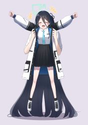 Rule 34 | 1boy, 1girl, :d, ^ ^, absurdly long hair, aris (blue archive), arms up, black hair, black skirt, blue archive, blue necktie, breast pocket, carrying, carrying person, closed eyes, coat, dangling legs, disembodied hand, full body, hair between eyes, hair ornament, hairband, halo, happy, highres, lifting person, long hair, looking at viewer, mogurii, multicolored coat, necktie, one side up, open mouth, outstretched arms, pocket, sensei (blue archive), shirt, shoes, sidelocks, skirt, smile, sneakers, spread arms, two-tone coat, very long hair, white shirt