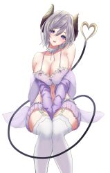 Rule 34 | 1girl, absurdres, babydoll, blush, breasts, breasts squeezed together, brown horns, cleavage, commentary request, demon girl, demon tail, feet out of frame, garter straps, grey hair, hair between eyes, head tilt, heart, highres, horns, invisible chair, large breasts, long bangs, looking at viewer, miniskirt, nanashi inc., navel, open mouth, purple babydoll, purple eyes, purple skirt, ryokuoushoku hitode, saionji mary, short hair, simple background, sitting, skirt, smile, solo, tail, thighhighs, virtual youtuber, white background, white thighhighs