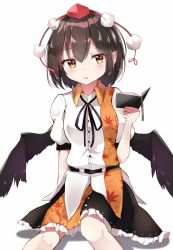 Rule 34 | 1girl, :o, arm up, belt, bird wings, black neckwear, black ribbon, black skirt, black wings, breasts, brown hair, commentary request, feet out of frame, hair between eyes, hat, head tilt, highres, holding, holding notebook, iyo (ya na kanji), looking at viewer, notebook, outstretched leg, parted lips, partial commentary, petticoat, pointy ears, pom pom (clothes), puffy short sleeves, puffy sleeves, red eyes, red hat, ribbon, shadow, shameimaru aya, shirt, short hair, short sleeves, simple background, sitting, skirt, small breasts, solo, tokin hat, touhou, two-tone shirt, untucked shirt, white background, wings