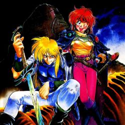 Rule 34 | 1990s (style), 1993, 1boy, 1girl, ;d, araizumi rui, armor, belt, blonde hair, boots, cover, cover page, crossed legs, dated, fantasy, gourry gabriev, lina inverse, long hair, official art, one eye closed, open mouth, pants, pauldrons, red eyes, red hair, retro artstyle, scan, shirt, shoulder armor, signature, sitting, slayers, smile, sword, thigh gap, weapon, wink