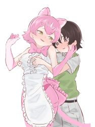 Rule 34 | 1boy, 1girl, animal ear fluff, animal ears, apron, bad id, bad twitter id, bare shoulders, black eyes, black hair, blouse, blush, bow, bowtie, grabbing another&#039;s breast, breasts, center frills, commentary, elbow gloves, extra ears, frilled apron, frills, gloves, grabbing, grabbing from behind, green eyes, hand on another&#039;s cheek, hand on another&#039;s face, hetero, highres, kemono friends, kemono friends 3, kona ming, medium breasts, panther ears, pantyhose, parted lips, peach panther (kemono friends), pink gloves, pink hair, pink neckwear, pink pantyhose, shirt, short hair, short sleeves, simple background, sleeveless, sleeveless shirt, smile, tail, traditional bowtie, waist apron, white background, white shirt