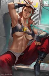 Rule 34 | 1girl, abs, bandaged arm, bandages, black footwear, blush, boots, breasts, brigitte (overwatch), brown eyes, collarbone, commentary, crop top, english commentary, forehead, hair pulled back, highres, holding, holding wrench, large breasts, leg up, lips, long hair, looking at viewer, muscular, muscular female, navel, no bra, nopeys, nose, nose blush, overalls, overwatch, overwatch 1, patreon username, ponytail, red overalls, shoulder tattoo, sidelocks, signature, sitting, solo, spread legs, tattoo, toned, underboob, vambraces, watermark, web address, wiping sweat, wrench