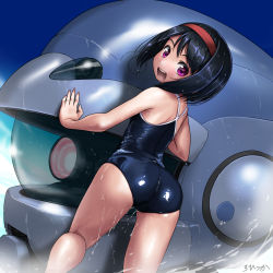 Rule 34 | 1girl, against wall, ass, black hair, blue one-piece swimsuit, cloud, come hither, competition school swimsuit, from behind, hairband, highres, kneepits, legs, looking back, mecha, one-piece swimsuit, open mouth, original, outdoors, pink eyes, robot, rohitsuka, school swimsuit, shiny clothes, short hair, sky, smile, solo, swimsuit, thighs, wet, wet clothes, wet hair, wet swimsuit