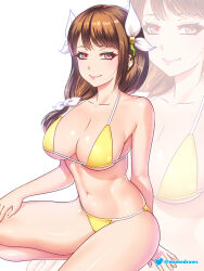 Rule 34 | 1girl, alternate costume, bare arms, bare shoulders, bikini, breasts, brown eyes, brown hair, commentary, etchimune, fire emblem, fire emblem engage, goldmary (fire emblem), hair ribbon, large breasts, long hair, looking at viewer, navel, nintendo, pink lips, ribbon, seiza, simple background, sitting, smile, solo, stomach, swimsuit, thighs, white background, white ribbon, yellow bikini, zoom layer