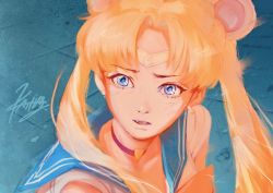 Rule 34 | 1girl, bishoujo senshi sailor moon, blonde hair, blue eyes, blue sailor collar, bow, bowtie, breasts, choker, cleavage, crescent, crescent earrings, derivative work, earrings, from side, hair ornament, heart, heart choker, highres, jewelry, kathmi, meme, parted bangs, parted lips, red bow, red bowtie, red choker, sailor collar, sailor moon, sailor moon redraw challenge (meme), school uniform, screenshot redraw, serafuku, signature, solo, sweatdrop, tiara, tsukino usagi, twintails, upper body