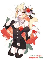 Rule 34 | 1girl, ;3, ;d, animal ears, bare shoulders, black shirt, black skirt, black thighhighs, blonde hair, bow, bowtie, breasts, cat ears, cat tail, cleavage, corsage, cropped legs, detached collar, detached sleeves, facial mark, final fantasy, final fantasy xiv, floral background, flower, frills, garter straps, grey bow, grey bowtie, hat, hat flower, hat ornament, hat ribbon, highres, iso1206, juliet sleeves, long sleeves, looking at viewer, medium breasts, mini hat, mini top hat, miniskirt, miqo&#039;te, one eye closed, open mouth, outline, outstretched hand, puffy sleeves, red flower, ribbon, shirt, short hair, sidelocks, skirt, sleeves past elbows, slit pupils, smile, solo, sparkle, strapless, tail, thighhighs, top hat, warrior of light (ff14), white background, white hat, white outline, wrist flower, yellow eyes