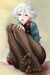 Rule 34 | 1girl, absurdres, feet, gundam, gundam suisei no majo, hand on own knee, highres, long hair, looking at viewer, miorine rembran, open mouth, pantyhose, purple eyes, silver hair, soles, toes