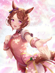Rule 34 | 1girl, animal ears, ascot, blush, bow, brown hair, cherry blossoms, chikabo m, clothing cutout, commentary request, ear ornament, falling petals, flower-shaped pupils, hair ornament, horse ears, horse girl, horse tail, looking at viewer, open mouth, outstretched hand, parted bangs, petals, pink ascot, pink bow, pink eyes, puffy short sleeves, puffy sleeves, sakura laurel (umamusume), short hair, short sleeves, smile, solo, symbol-shaped pupils, tail, tail through clothes, twitter username, umamusume, wrist cuffs