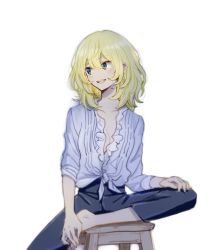 Rule 34 | 10s, 1girl, barefoot, blonde hair, blouse, blue eyes, capri pants, commentary, cosplay, frilled shirt, frills, girls und panzer, highres, inumoto, leg up, long sleeves, looking to the side, medium hair, messy hair, open mouth, oscar francois de jarjayes, oscar francois de jarjayes (cosplay), oshida (girls und panzer), pants, shirt, sitting, sleeves rolled up, smile, solo, stool, versailles no bara, white shirt